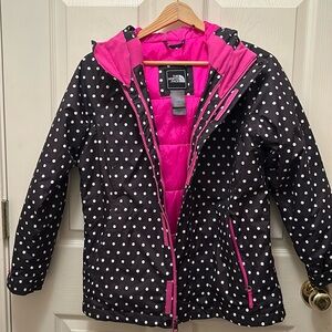 Girls XL (14-16) North Face Hyvent rain jacket, black with white polka dots